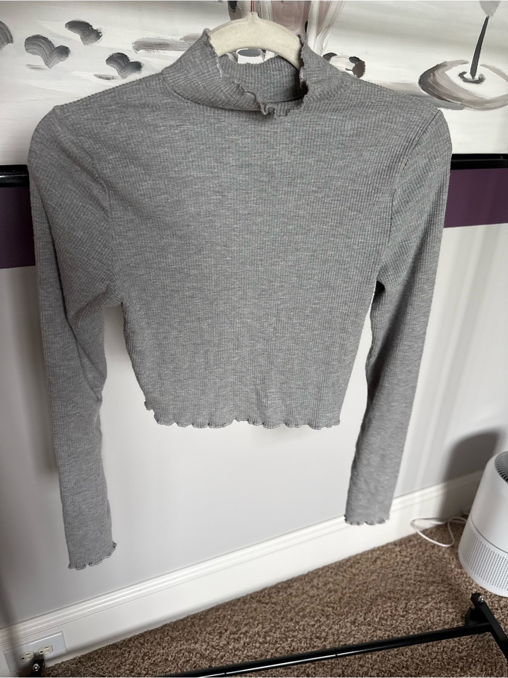 aerie Gray Ribbed Mock Neck Long-Sleeve Crop Top